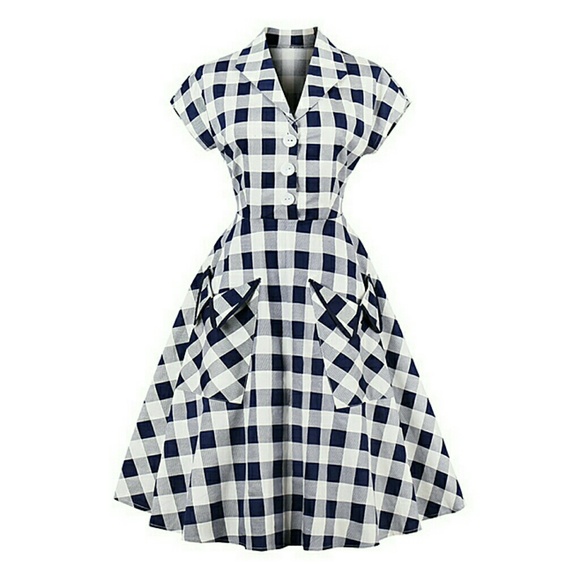 Dresses & Skirts - Sucrefas Navy White Gingham Shirt Dress